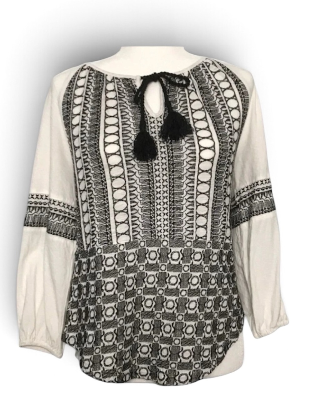 Anthropologie Akemi + Kin White Black Embroidered Aili Peasant Blouse S